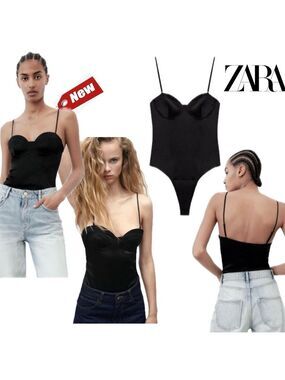 Zara Black satin effect playboy bunny style bustier bodysuit Sz S NWT sweetheart